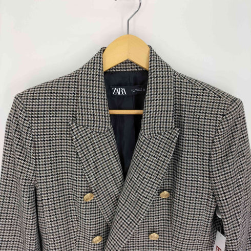 ザラ ZARA Houndstooth Tweed Blazer Gold Buttons 千鳥格子 金釦 ダブルブレスト ツイード ジャケット レディース import:L