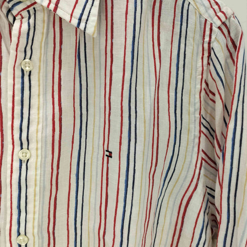 トミーヒルフィガー TOMMY HILFIGER ロゴ刺繍 プレミアムリネン マルチカラーストライプ 長袖シャツ メンズ JPN:S