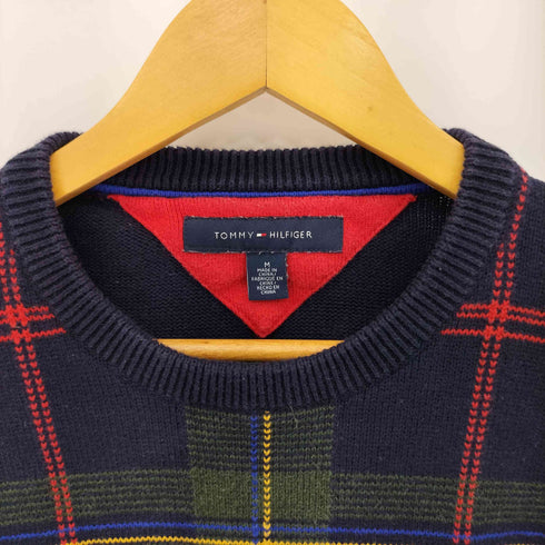 トミーヒルフィガー TOMMY HILFIGER チェック切替 クルーネック コットンニット メンズ M