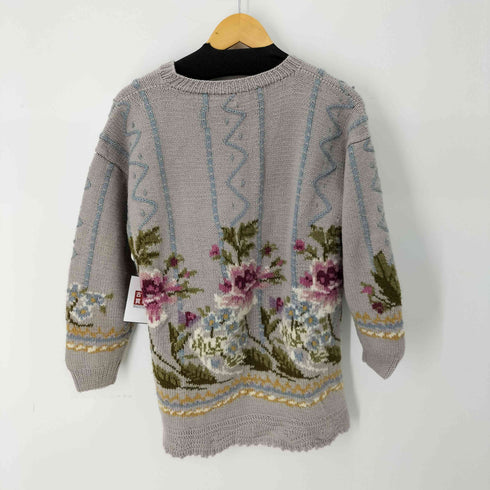 Nancy Vale HANDKNITTED 花柄 Vネック ウール100 ハンドニット レディース import:M