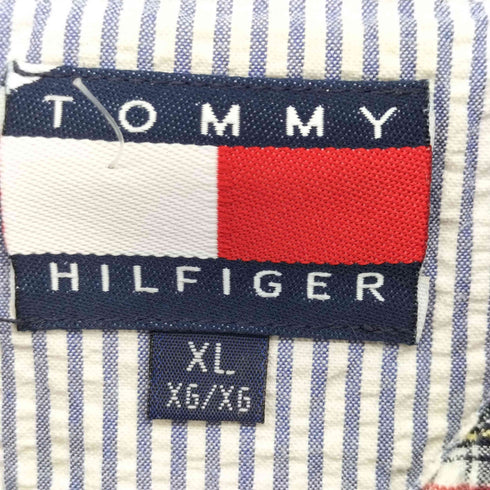 トミーヒルフィガー TOMMY HILFIGER 90S ワンポイント 刺繍 シアサッカー チェックシャツ メンズ import:XL