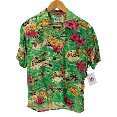 70S Hawaiian Style 韓国製 レーヨンアロハシャツ ハイビスカス フラダンス ヨット メンズ JPN:M