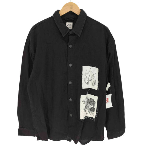 ザラ ZARA 19AW RELAXED FIT グラフィック プリント ワッペン デニム ジャケット メンズ import:L