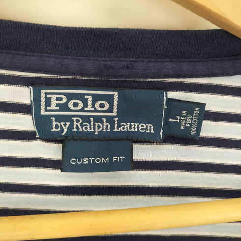ポロバイラルフローレン Polo by RALPH LAUREN 90S ペルー製 CUSTOM FIT スタンプ プリント ボーダー S/S Tシャツ メンズ import:L