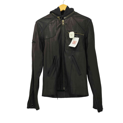 NICE COLLECTIVE ラムレザー フーデッド シングル ライダース ジャケット メンズ import:M