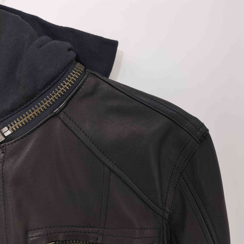 NICE COLLECTIVE ラムレザー フーデッド シングル ライダース ジャケット メンズ import:M