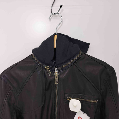 NICE COLLECTIVE ラムレザー フーデッド シングル ライダース ジャケット メンズ import:M
