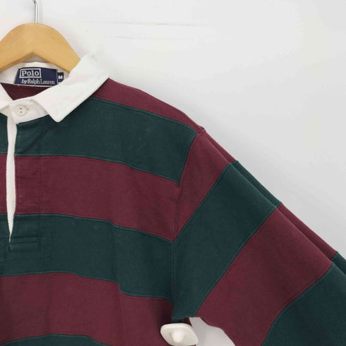 ポロバイラルフローレン Polo by RALPH LAUREN 90S ナンバリング ロゴ プリント ワッペン ボーダー コットン ラガー シャツ メンズ import:M