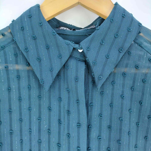 ザラ ZARA ドット刺繍 ストライプ シースルー 比翼 シャツ レディース import:M