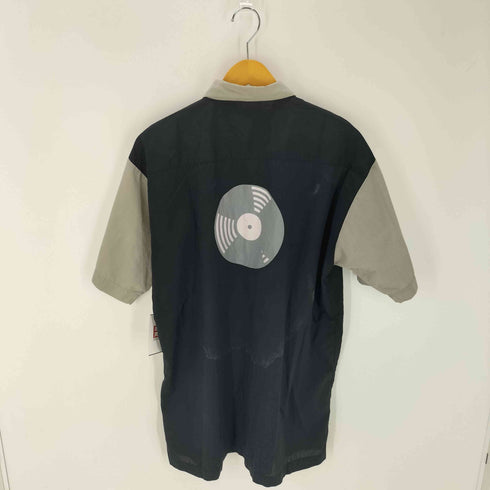 EXCESSIVE 65/35 ポリ コットン VINTAGE VINYL RECORDS 企業ロゴ 刺繍 バイカラー アシンメトリー ライン S/S ワーク シャツ メンズ import:XL