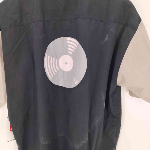 EXCESSIVE 65/35 ポリ コットン VINTAGE VINYL RECORDS 企業ロゴ 刺繍 バイカラー アシンメトリー ライン S/S ワーク シャツ メンズ import:XL