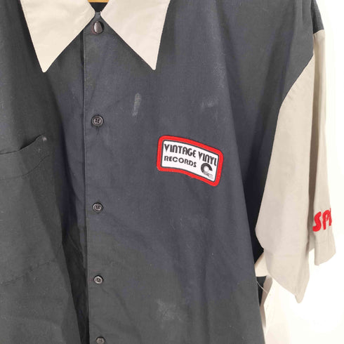 EXCESSIVE 65/35 ポリ コットン VINTAGE VINYL RECORDS 企業ロゴ 刺繍 バイカラー アシンメトリー ライン S/S ワーク シャツ メンズ import:XL