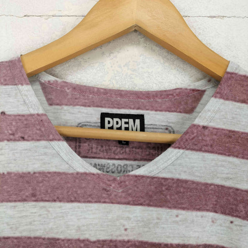 ピーピーエフエム PPFM 00S Y2K ボーダー転写プリントVネックTシャツ メンズ L