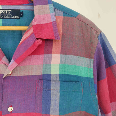 ポロバイラルフローレン Polo by RALPH LAUREN マドラスチェック オープンカラー 半袖 シャツ ボックスシルエット メンズ import:L