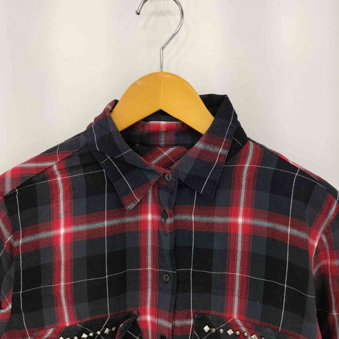 スタッズデザイン チェック柄 ロングシャツ PUNK レディース