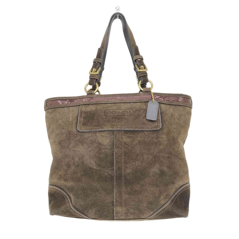 コーチ COACH シグネチャーロゴ ビーズ装飾 オールスウェード トートバッグ レディース