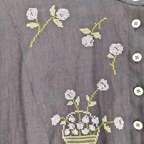 コットンハウスアヤ Cotton House Aya フラワー刺繍 バンドカラー ギャザー シャツ ワンピース レディース JPN:M