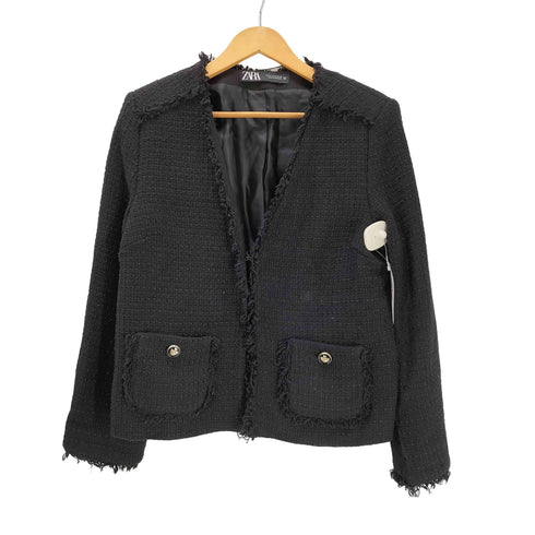 ザラ ZARA ツイード ボタンレス ノーカラー テーラードジャケット レディース import:M