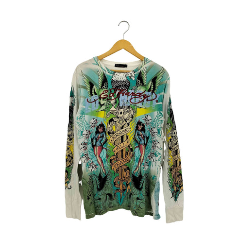 エドハーディー Ed Hardy ラインストーンデザイン フロッキーロゴ オールオーバー タトゥーデザイン クルーネック長袖Tシャツ Y2K メンズ M