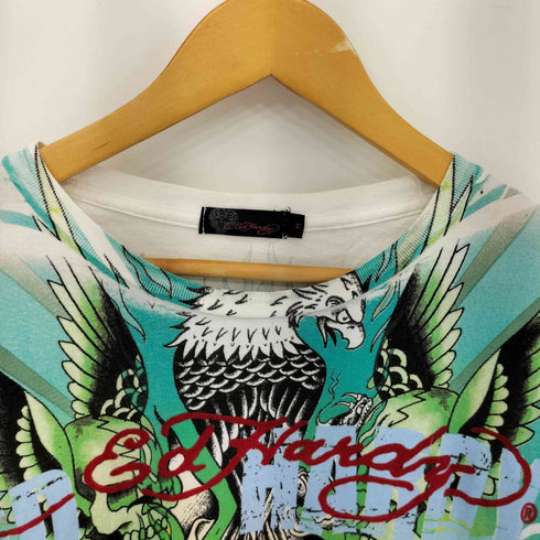 エドハーディー Ed Hardy ラインストーンデザイン フロッキーロゴ オールオーバー タトゥーデザイン クルーネック長袖Tシャツ Y2K メンズ M