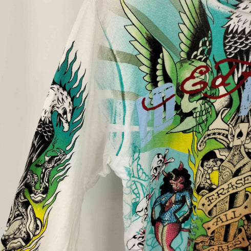 エドハーディー Ed Hardy ラインストーンデザイン フロッキーロゴ オールオーバー タトゥーデザイン クルーネック長袖Tシャツ Y2K メンズ M