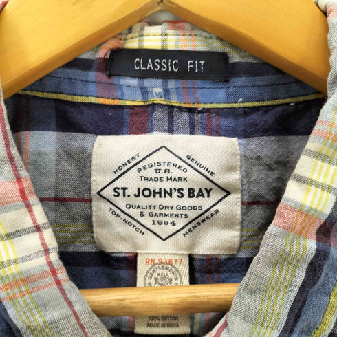ST.JOHNS BAY CLASSIC FIT クラシックフィット インド綿 コットン マドラスチェック 半袖 ボタンダウン シャツ メンズ import:XL