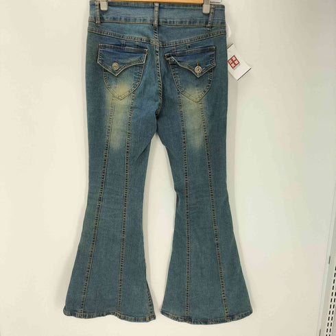 Dleepy Town ステッチ デザイン ベルボトム フレア ブッシュ デニム パンツ レディース L