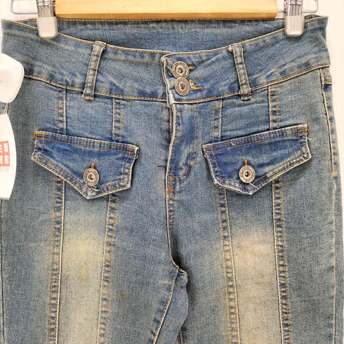 Dleepy Town ステッチ デザイン ベルボトム フレア ブッシュ デニム パンツ レディース L