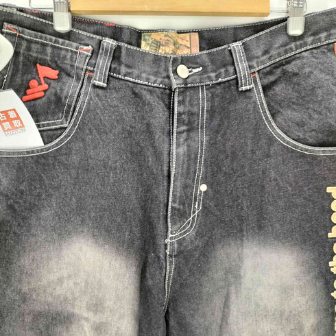 ARIVIE welcome to the hood. 刺繍 総柄 プリント ブラック バギー デニム パンツ B系 メンズ 34