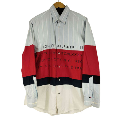 トミーヒルフィガー TOMMY HILFIGER フロントデザイン ストラップ柄 L/S BDシャツ メンズ import:M