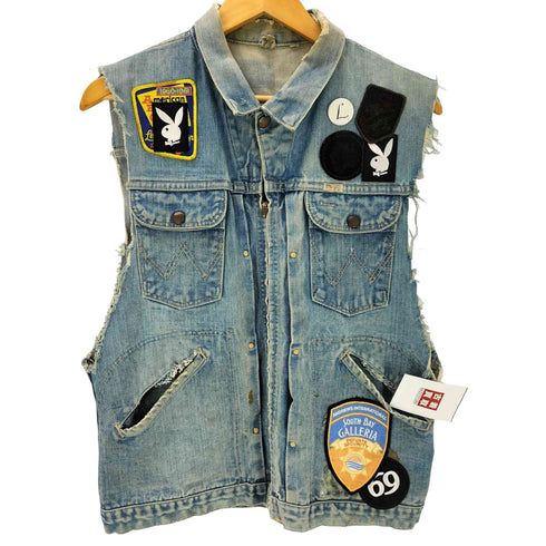 ラングラー Wrangler 50-60S CONMATIC ジップ 24MJZ Denim Jacket カスタム ワッペン デニム ジャケット ベスト カットオフ ボロ 襤褸 メンズ