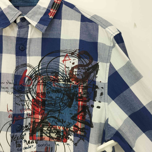 デシグアル Desigual ブロックチェック イラストプリント 刺繍 パッチワーク シャツ メンズ import:M
