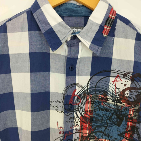 デシグアル Desigual ブロックチェック イラストプリント 刺繍 パッチワーク シャツ メンズ import:M