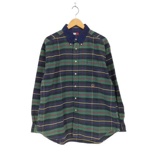 トミーヒルフィガー TOMMY HILFIGER ライオン刺繍 チェック柄 コーデュロイ襟 ペンポケット BDシャツ メンズ import:XL