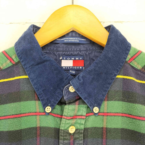 トミーヒルフィガー TOMMY HILFIGER ライオン刺繍 チェック柄 コーデュロイ襟 ペンポケット BDシャツ メンズ import:XL