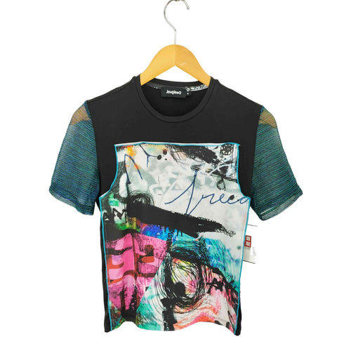 デシグアル Desigual アートデザインパッチ シアースリーブ ストレッチクルーネック 半袖Tシャツ レディース M