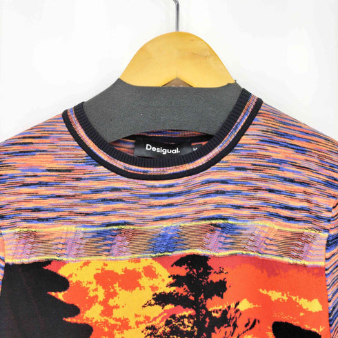 デシグアル Desigual フウケイデザイン コットンニット クルーネック半袖Tシャツ レディース M