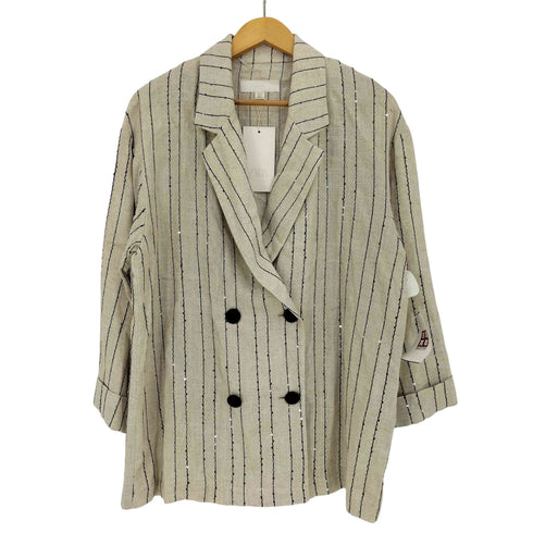 ザラ ZARA リネン混 スパンコール ストライプ ダブル テーラードジャケット レディース import:M