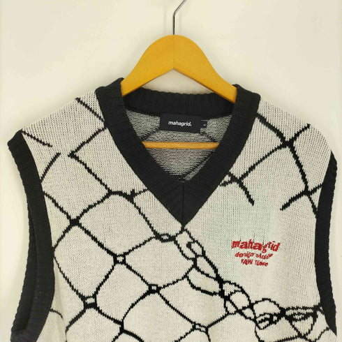 マハグリッド mahagrid ロゴ刺繍 総柄 Vネック ニット ベスト メンズ import:L
