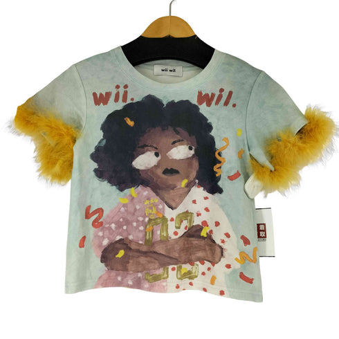 wil wil ファー付き フロントプリント Tシャツ レディース M