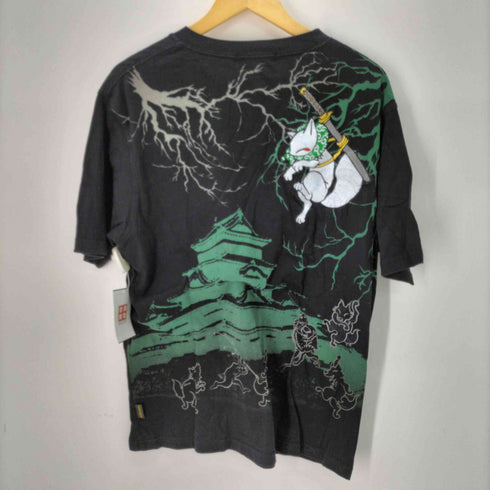 KON JAKU 狐 城 鳥獣戯画 刺繍デザイン クルーネックTシャツ メンズ JPN:XXL