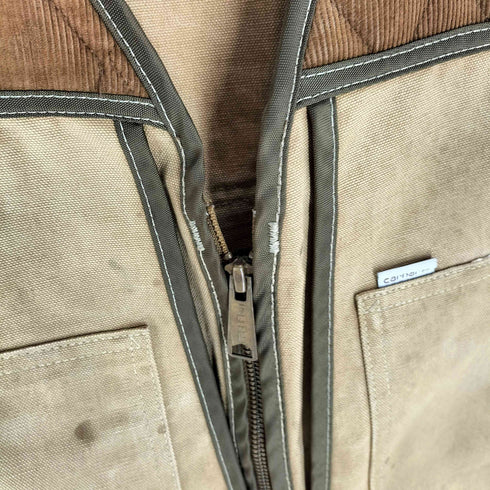 カーハート Carhartt 80S 1989年製 星タグ USA製 サンドストーン コーデュロイ 切替 マルチポケット ジップアップ ダック ハンティング ベスト メンズ import:M
