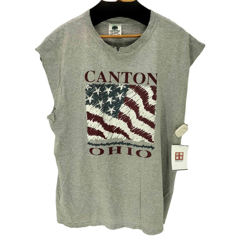 90S USA製 KINGSTREE アメリカ国旗 オイハオ州 ボーダー 袖カットオフ ノースリーブ メンズ import:XL