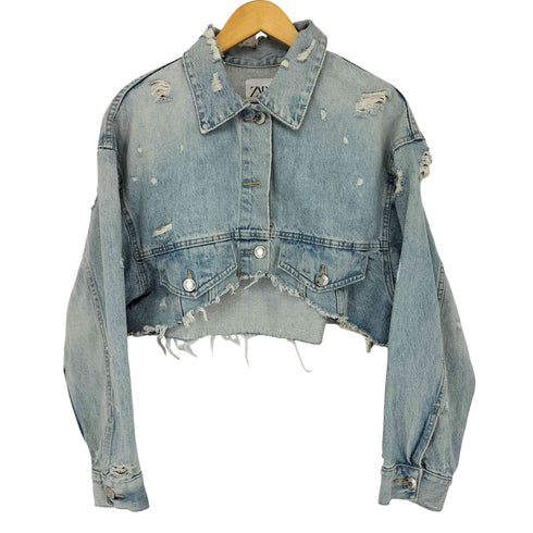 ザラ ZARA ダメージ加工 クロップド デニムジャケット レディース import:M