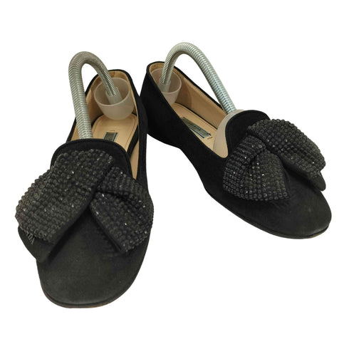 プラダ PRADA ビジュー リボン フラット パンプス レディース 35 1/2