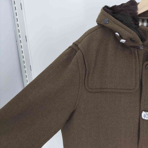 アクアスキュータム AQUASCUTUM 裏地 クラブチェック ラビットファー ヘリンボーン フーデッド ウール ハーフコート レディース EUR:40