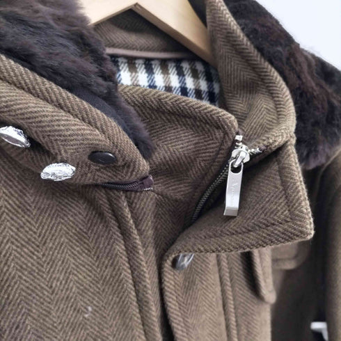アクアスキュータム AQUASCUTUM 裏地 クラブチェック ラビットファー ヘリンボーン フーデッド ウール ハーフコート レディース EUR:40