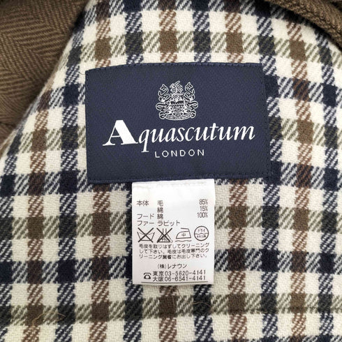 アクアスキュータム AQUASCUTUM 裏地 クラブチェック ラビットファー ヘリンボーン フーデッド ウール ハーフコート レディース EUR:40