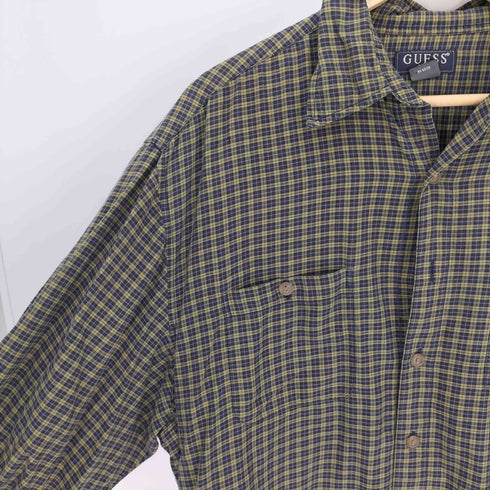ゲス GUESS 90S レギュラーカラー フラップポケット 猫目ボタン マドラスチェック L/S シャツ メンズ import:XL