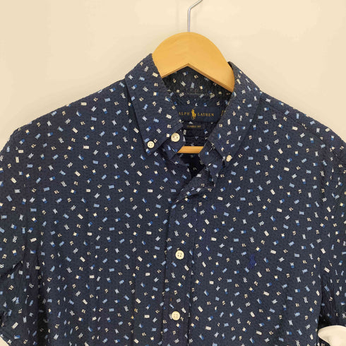ラルフローレン RALPH LAUREN CLASSIC FIT 総柄 ロゴ 国旗 プリント B.D. S/S サッカー シャツ メンズ import:M